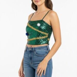 NWT LOVE ON A HANGER GREEN SEQUIN TANK CROPPED CHRISTMAS HOLIDAY TOP WITH POMPOM